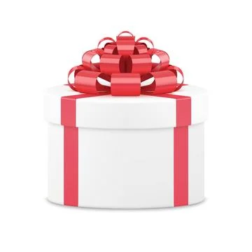 White circle gift box decorated by red bow ribbon 3d vector illustration Ilustración de archivo