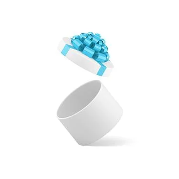 White circle gift box present container with elegant blue bow ribbon 3d ico.. Stock Illustration