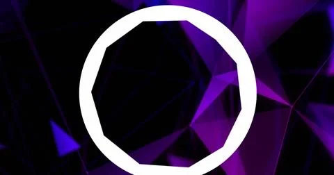 White circle overlaying background of dark and purple geometric shapes Illustrazione stock