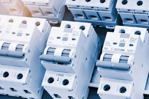 White circuit breakers with teal handles arranged neatly in rows. Blue tray s Stock Photos