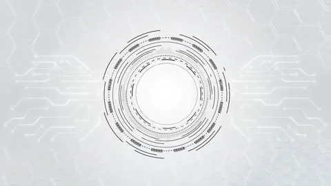 White circular HUD interface technical rings, circuit lines, hexagon texture, an Stock Footage 340453485