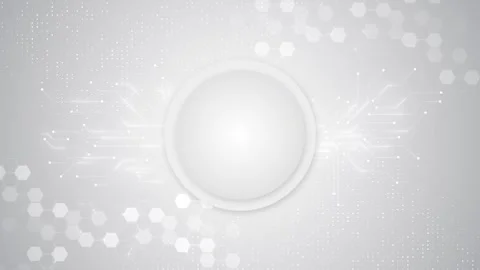 White circular panel sits over a technology background with circuit paths, hexag Stock Footage 341002484