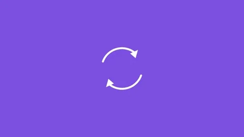 White circular sync arrows icon on a solid violet background Stock Footage 341485318