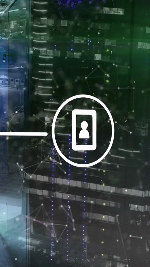 White circular UI icon showing phone user silhouette, fading on facade with Stock Footage 333005891