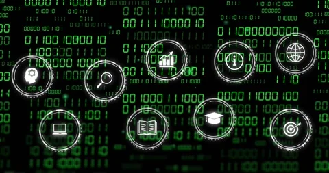 White circular UI icons building into 3x3 grid over green binary matrix, data Stock Footage 331789160