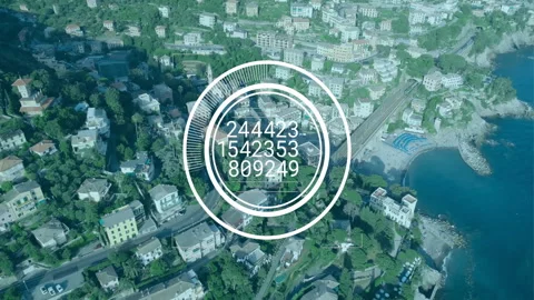 White circular UI overlay displaying numeric data hovering over pastel hillside Stock Footage 309097931