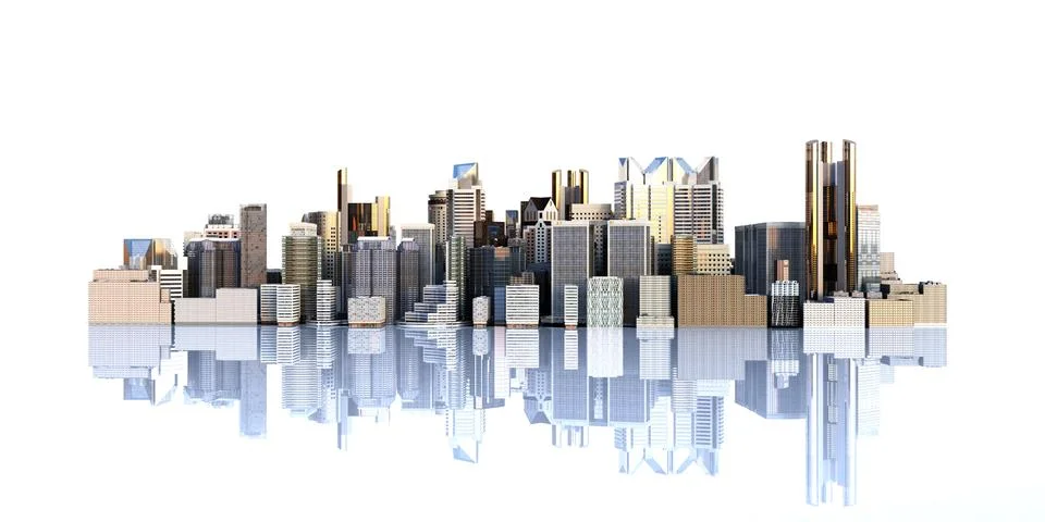 White city with reflection 3d rendering image on white Stock Illustration