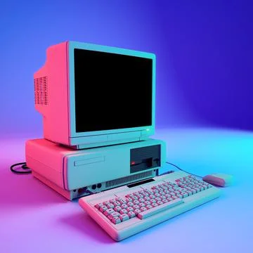 White Classic Desktop on Table Surface in Red and Blue Neon Light. Stock Photos