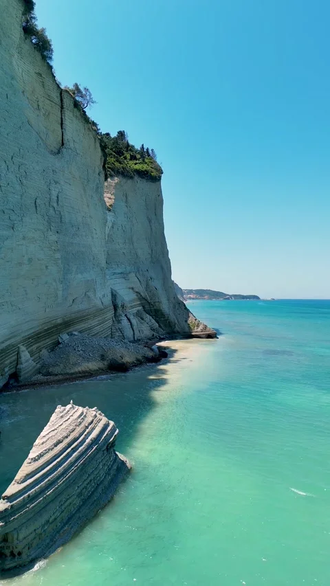 White cliffs and turquoise sea in Corfu Greece Stock Footage 344907940