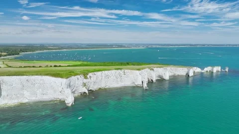 White Cliffs of Old Harry Rocks Jurassic Coast from a drone, Dorset, Poole, UK Stock Footage 278434284