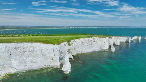 White Cliffs of Old Harry Rocks Jurassic Coast from a drone, Dorset, Poole, UK Video stock 278434329