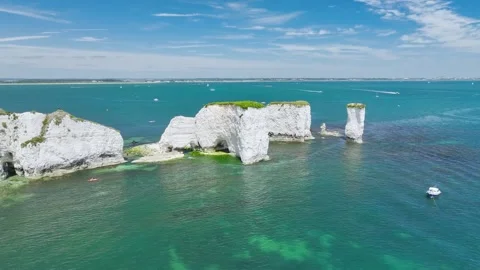 White Cliffs of Old Harry Rocks Jurassic Coast from a drone, Dorset, Poole, UK Видео 278434340