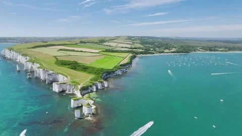 White Cliffs of Old Harry Rocks Jurassic Coast from a drone, Dorset, Poole, UK Video stock 278434353
