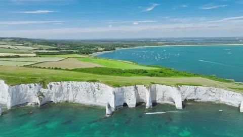 White Cliffs of Old Harry Rocks Jurassic Coast from a drone, Dorset, Poole, UK Stock-Footage 278434380