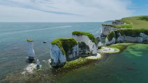 White Cliffs of Old Harry Rocks Jurassic Coast from a drone, Dorset, Poole, UK Stock-Footage 278434393