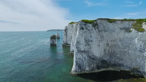 White Cliffs of Old Harry Rocks Jurassic Coast from a drone, Dorset, Poole, UK Video stock 278434436