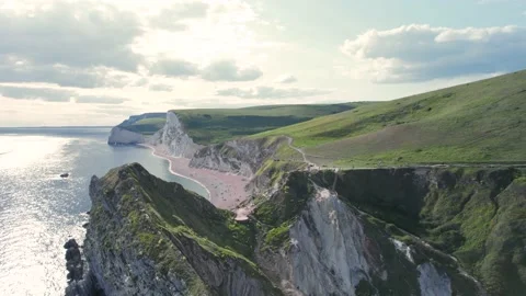White Cliffs over Jurassic Coast and Durdle Door, Wareham, Dorset, England Stock Footage 201830020