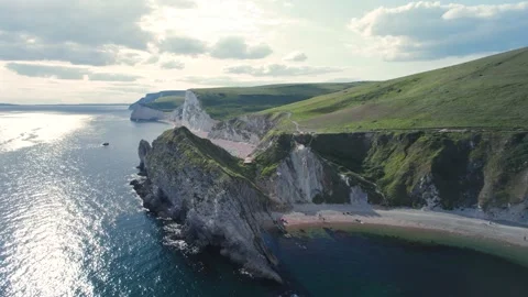 White Cliffs over Jurassic Coast and Durdle Door, Wareham, Dorset, England Stock Footage 201830021