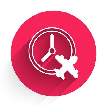White Clock with airplane icon isolated with long shadow. Designation of time Stock Illustration