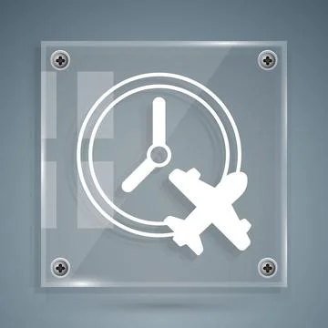 White Clock with airplane icon isolated on grey background. Designation of ti Stock Illustration