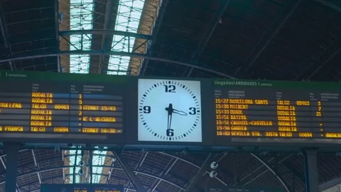 White clock and electronic train timetable in station Valencia Nord  Stock Footage 104094718