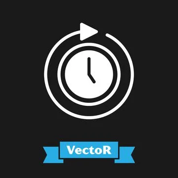 White Clock with arrow icon isolated on black background. Time symbol. Clockwise Stock Illustration
