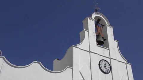 White clock bell tower deep blue sky Stock Footage 74706456