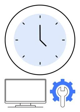 White clock with black hands, blank computer monitor, and blue gear with wren 스톡 일러스트