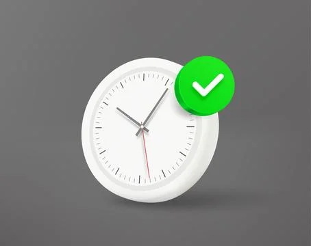 White clock with green checkmark. 3d vector icon 스톡 일러스트
