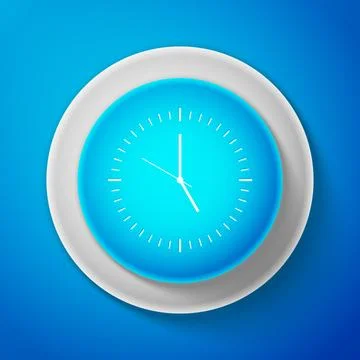 White Clock icon isolated on blue background. Time icon. Circle blue button.. Stock Illustration