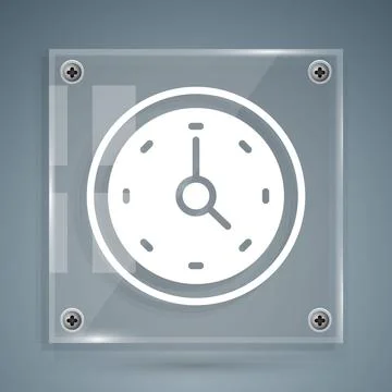 White Clock icon isolated on grey background. Time symbol. Square glass pan.. Stock Illustration