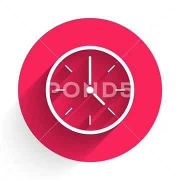 White Clock icon isolated with long shadow. Time symbol. Red circle button:  Royalty Free #151307362