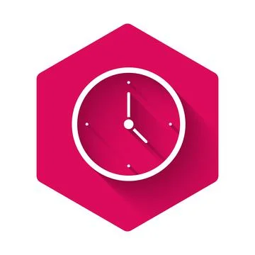 White Clock icon isolated with long shadow. Time symbol. Pink hexagon button 스톡 일러스트