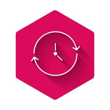White Clock icon isolated with long shadow. Time symbol. Pink hexagon button Stock Illustration