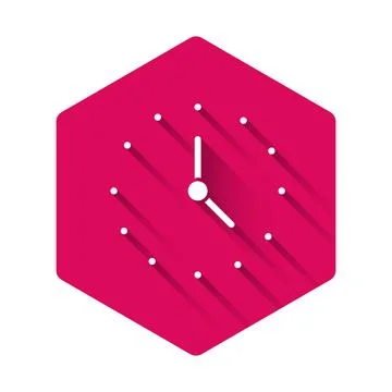 White Clock icon isolated with long shadow. Time symbol. Pink hexagon button Stock Illustration