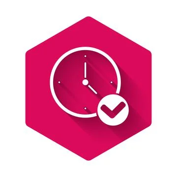 White Clock icon isolated with long shadow. Time symbol. Pink hexagon button Stock Illustration
