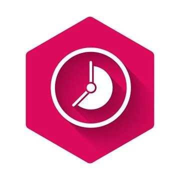 White Clock icon isolated with long shadow. Time symbol. Pink hexagon button Stock Illustration