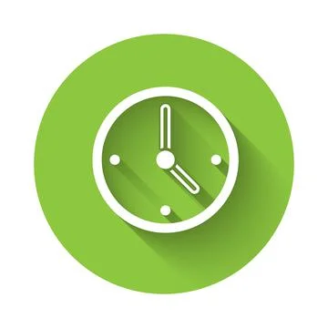 White Clock icon isolated with long shadow. Time symbol. Green circle button Stock Illustration