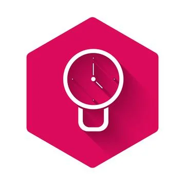 White Clock icon isolated with long shadow. Time symbol. Pink hexagon button. Stock Illustration