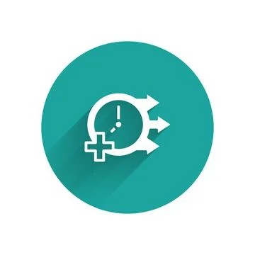 White Clock icon isolated with long shadow background. Time symbol. Green cir Stock Illustration