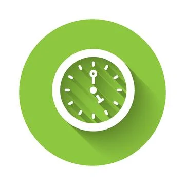 White Clock icon isolated with long shadow. Time symbol. Green circle button Stock Illustration