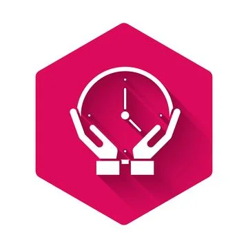 White Clock icon isolated with long shadow. Time symbol. Pink hexagon button Stock Illustration