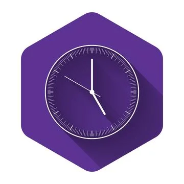 White Clock icon isolated with long shadow. Time icon. Purple hexagon button Stock Illustration
