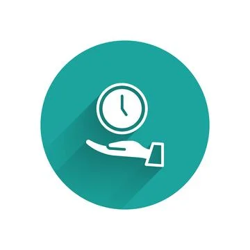 White Clock icon isolated with long shadow. Time symbol. Green circle button. Stock Illustration