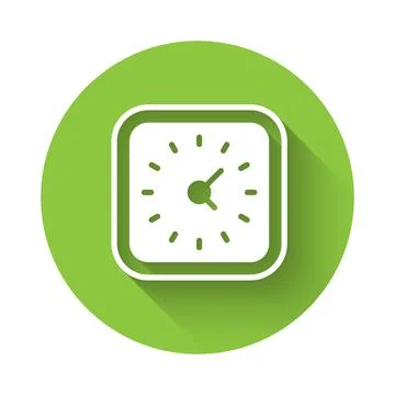 White Clock icon isolated with long shadow. Time symbol. Green circle butto.. Stock Illustration