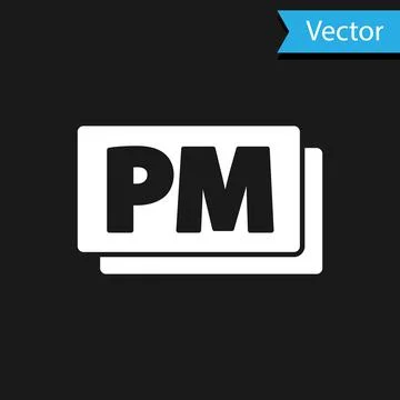 White Clock PM icon isolated on black background. Time symbol. Vector Stock Illustration