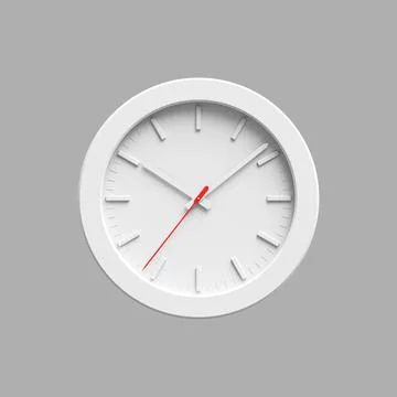 White clock with red second hand isolated on gray background, 3d Stock Illustration