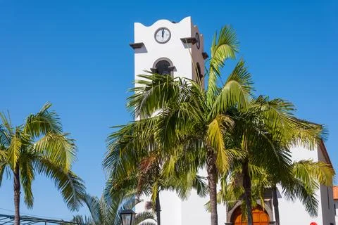 White clock tower and palm trees in Madeira, Portugal under sun Foto stock