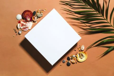 White close square gift box mockup template. Package clipart. Summer flat lay on Stock Photos