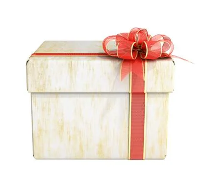 White close Square new year Gift Box with Red Ribbon and Bow 3d render on whi Stock Illustration
